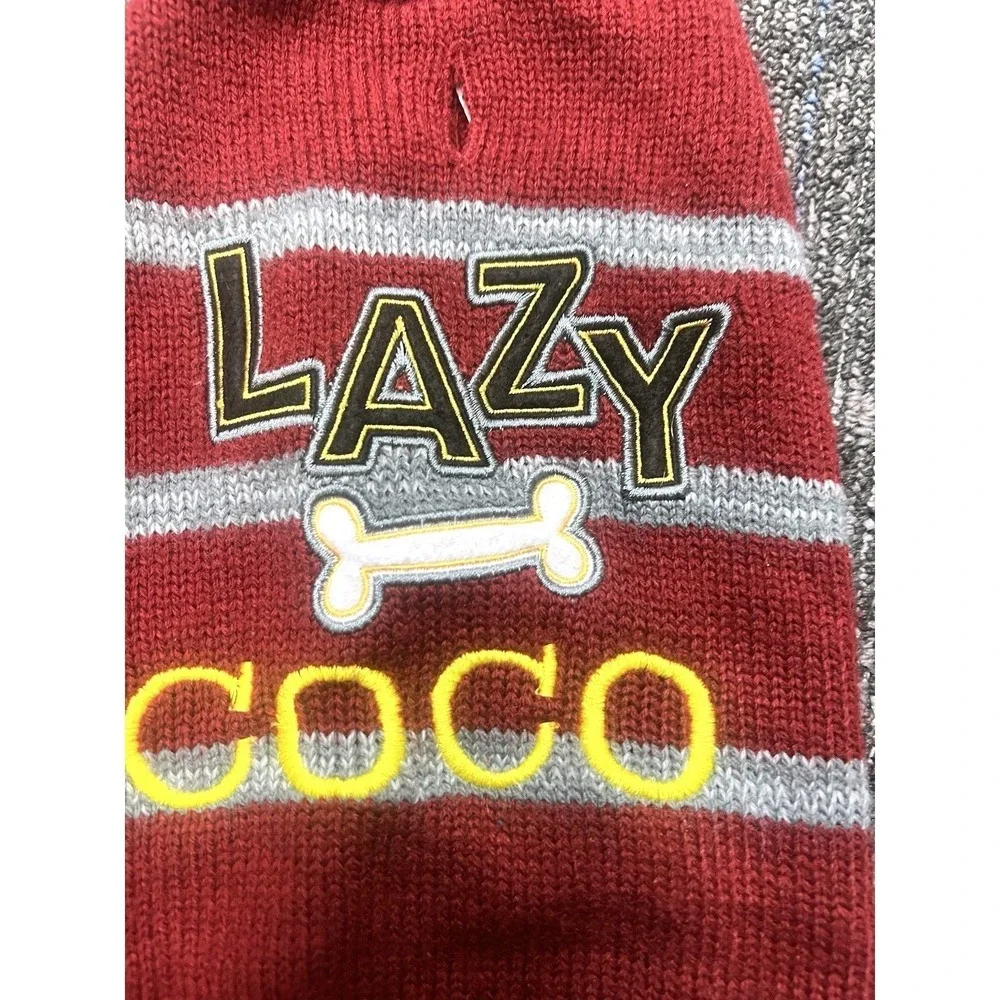 Personalized Dog Named‎ COCO Sweater Lazy Bone Dog Maroon Gray Stripe Size Small